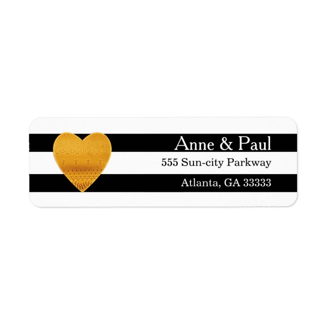 Guld Heart Black & White Rand Returadress Etikett (Framsidan)