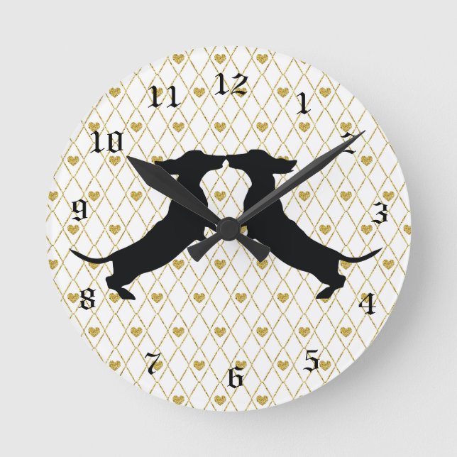 Guld Heart Dachshund Silhouette Wall Clock Rund Klocka (Framsida)