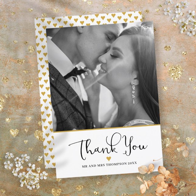 Guld Heart Elegant-skript Bröllop Photo Tack Kort (Gold Heart Elegant Script Wedding Photo Thank You Card)