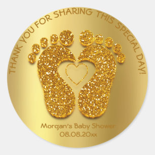 Guld Heart Feet Baby Shower Favor Gift Tack Runt Klistermärke