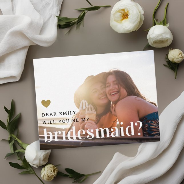 Guld Heart kommer du att bli min bridesmaifoto Inbjudan Vykort (Skapare uppladdad)