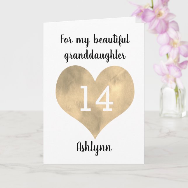 Guld Heart Lycklig 14:e födelsedagspressdotterdott Kort (Orkide)