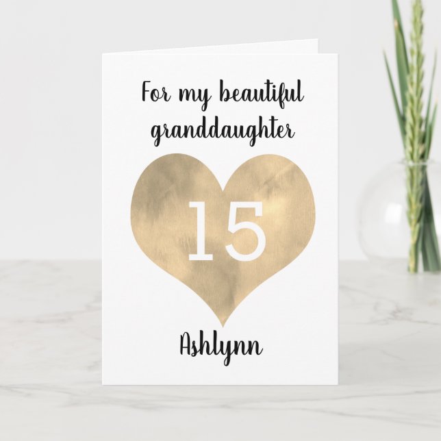 Guld Heart Lycklig 15:e födelsedagen Kort (Framsida)