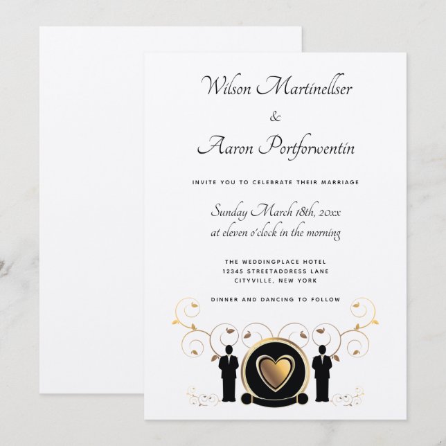 Guld Heart Male Bröllop Kraft Papper HGBTQ Inbjudningar (Fram/baksida)