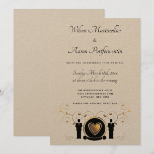 Guld Heart Male Bröllop Kraft Papper HGBTQ Inbjudningar