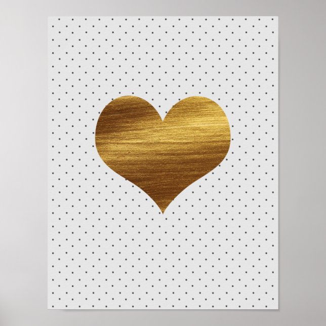 Guld Heart med svartvit Polka dots Skriv ut Poster (Framsidan)
