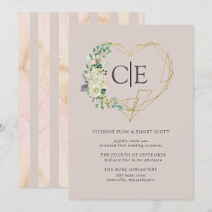 Guld Heart Monogram Vit ros Hydrangea Bröllop Inbjudningar