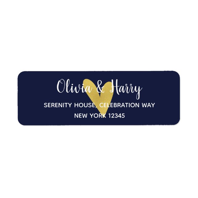 Guld Heart Navy Blue Bröllop Returetiketter Returadress Etikett (Framsidan)