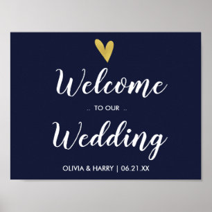 Guld Heart Navy Welcome Bröllop Sign Poster