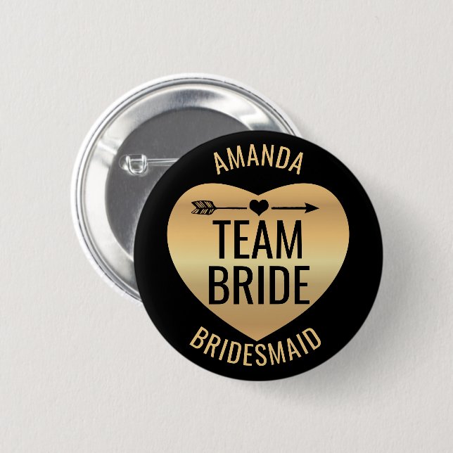 Guld Heart on Black with Arrow - Team Bride Knapp (Framsida & baksida)