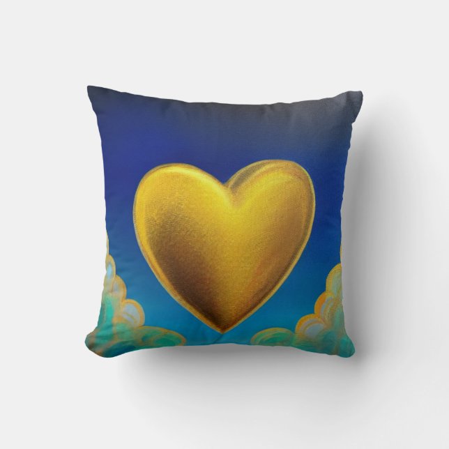 Guld Heart på Blue Background Dekorativ kudde (Framsida)