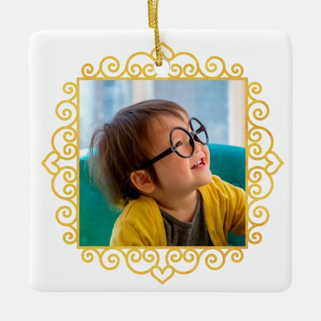 Guld Heart Ram Photo Personlig Gift jul Julgransprydnad Keramik (Framsida)