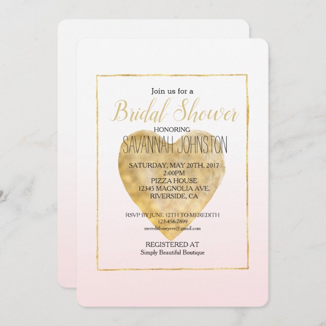 Guld Heart  Rosa Ombre Möhippa  Inbjudningar (Fram/baksida)