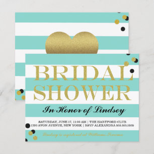 Guld Heart Teal Blue Party Shower Inbjudningar