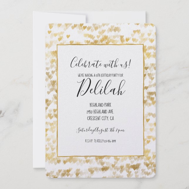Guld Hearts Birthday Inbjudningar (Framsida)
