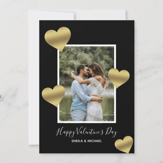 Guld Hearts Black Lycklig Valentine's Photo Julkort (Framsida)