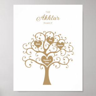 Guld Hearts Family Träd Poster