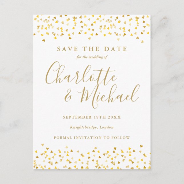 Guld Hearts-konfetti sparar datum Vykort (Framsida)