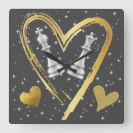 Guld Hearts Kung och Queen Chess Delarare på Black Fyrkantig Klocka