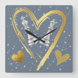 Guld Hearts Kung och Queen Chess Delarare på Grått Fyrkantig Klocka