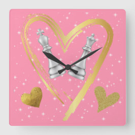 Guld Hearts Kung och Queen Chess Delarare på Rosa Fyrkantig Klocka