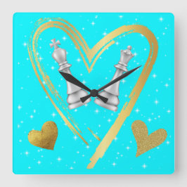 Guld Hearts Kung och Queen Chess Delarare på Turq Fyrkantig Klocka