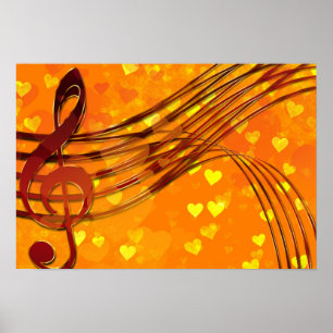 Guld Hearts med en metallisk Treble Clef och Music Poster