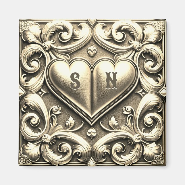 Guld Hearts Monogram Heart Magnet (Framsidan)