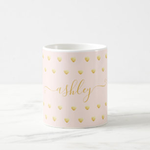 Guld Hearts Mönster Faux Foil på Rosa Custom Nam Kaffemugg