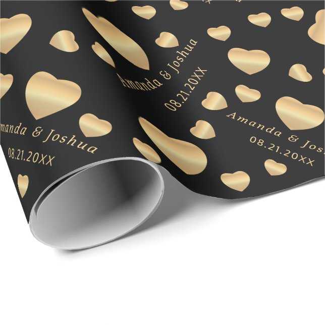 Guld Hearts on Black Presentpapper (Rullad Hörn)