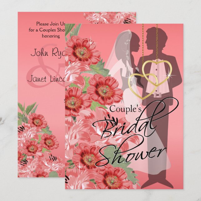 Guld Hearts on Coral Satin Couples Shower Inbjudningar (Fram/baksida)