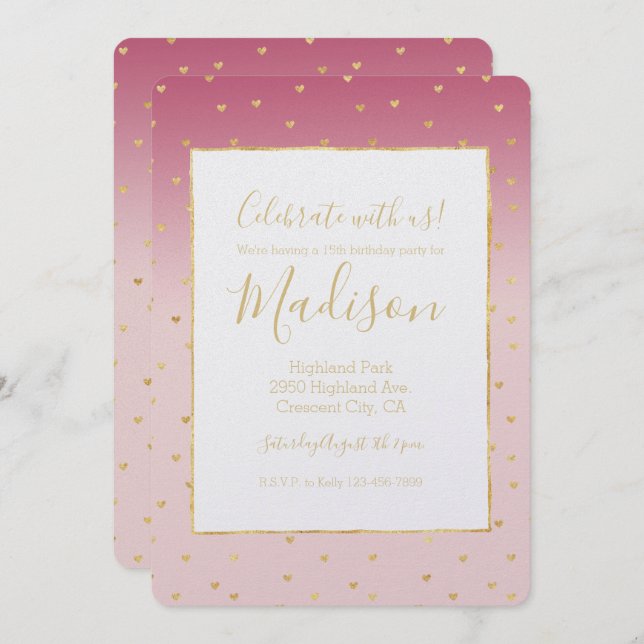 Guld Hearts  Rosa Ombre Birthday Inbjudningar (Fram/baksida)