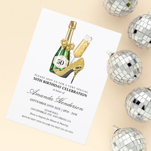 Guld Heels and Champagne Women's Birthday Inbjudningar (Skapare uppladdad)