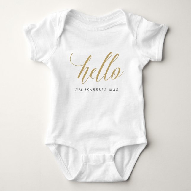 Guld Hej Personlig Namn Baby Bodykostym T Shirt (Framsida)