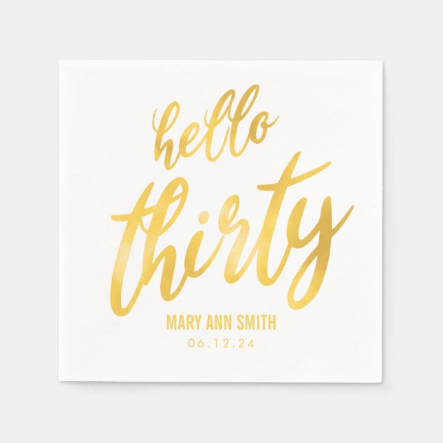 Guld "Hej Thirty" Födelsedag w/ Namn Pappersservett (Framsidan)