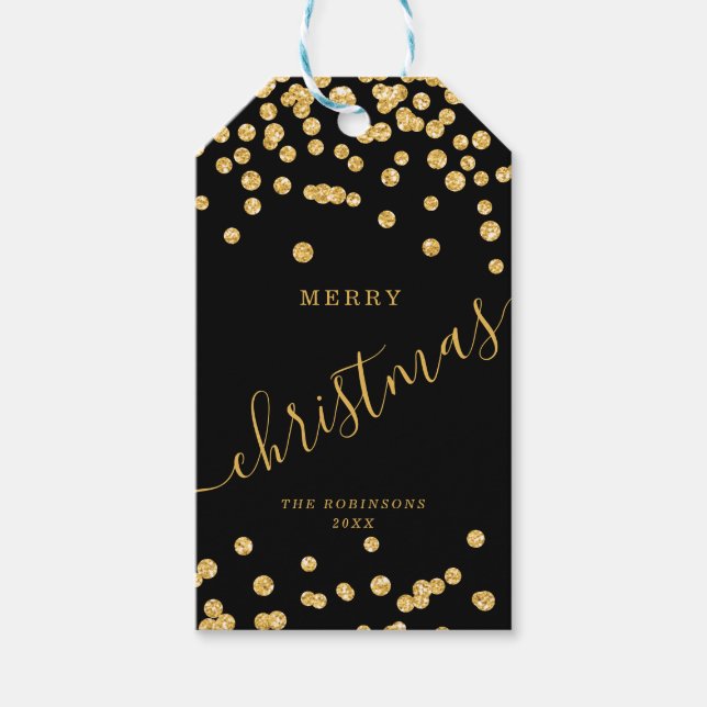 Guld Helgdag jul Glitter Confetti Black Presentetikett (Framsidan)