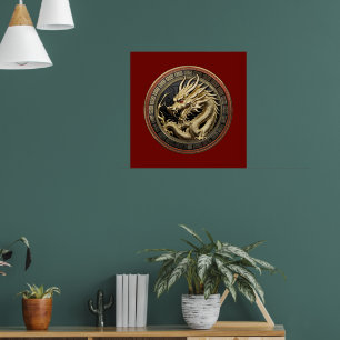 Guld Helig Östlig Drak Medaljong Poster