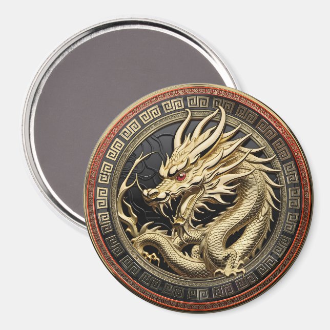 Guld Helig Östlig Drakmedaljong Magnet (Front/Back)