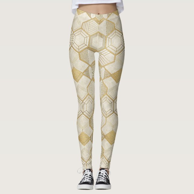 Guld hexagon geometrisk kräm marmor mönster leggings (Framsida)