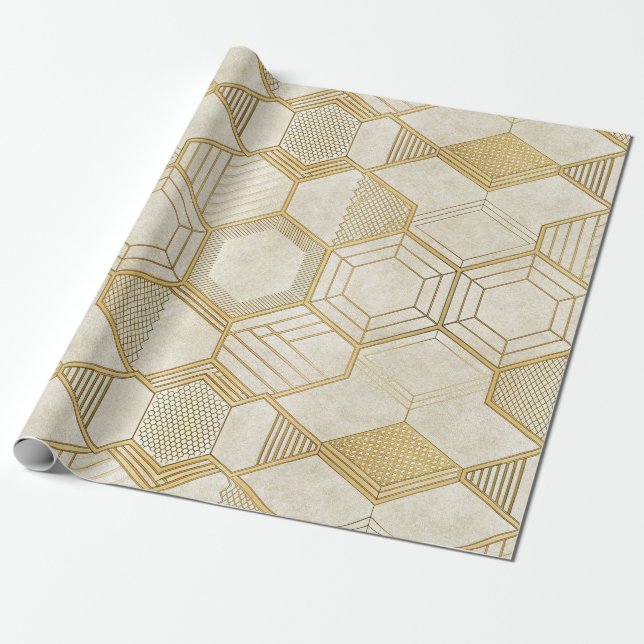 Guld hexagon geometrisk kräm marmor mönster presentpapper (Utrullad)