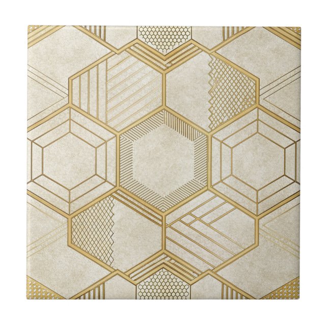 Guld hexagon geometriskt kräm marmor mönster kakelplatta (Framsidan)