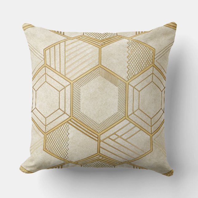 Guld hexagon geometriskt kräm marmor mönster kudde (Framsida)