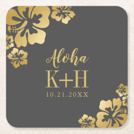 Guld Hibiscus Aloha Monogram Bröllop Underlägg Papper Kvadrat