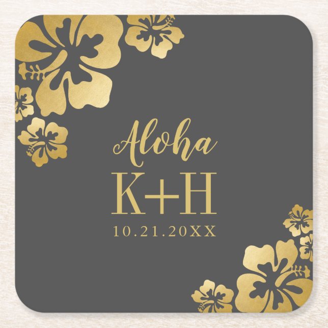 Guld Hibiscus Aloha Monogram Bröllop Underlägg Papper Kvadrat (Framsidan)