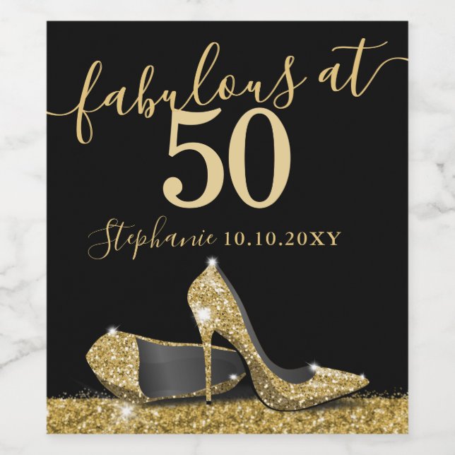 Guld High Heel 50th Fabulous Birthday Sparkling Wi Vinflaska Etikett (Singel etikett)