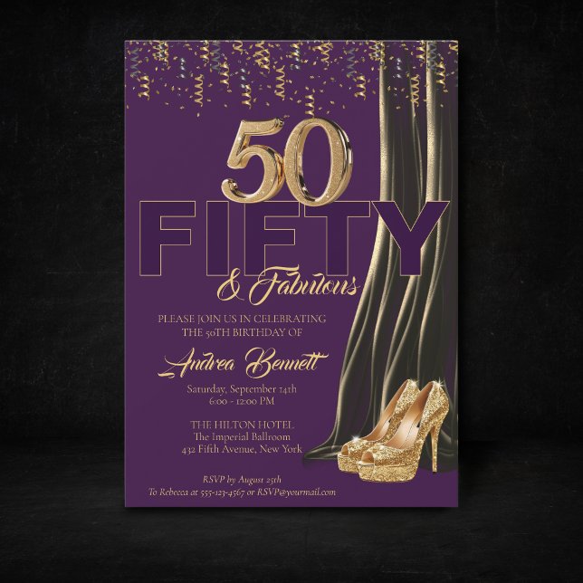 Guld High Heel Elegant Lila 50 Fabulous Birthday Inbjudningar (Gold Purple 50th birthday invitation high heels)