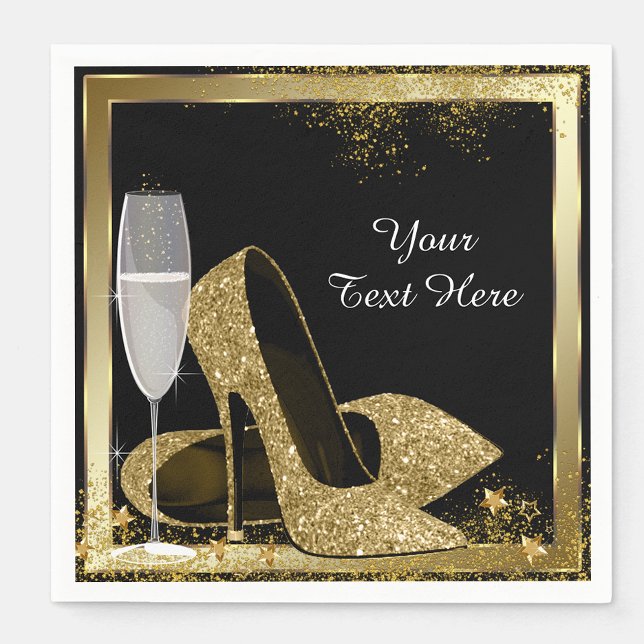 Guld High Heel Födelsedagsfest Pappersservett (Add your text to personalize these pretty black and gold high heel napkins.)