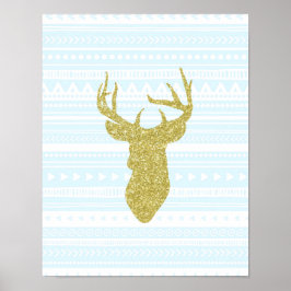 Guld Himlar Blue Nursery Decor Hjort Tribal Mönste Poster