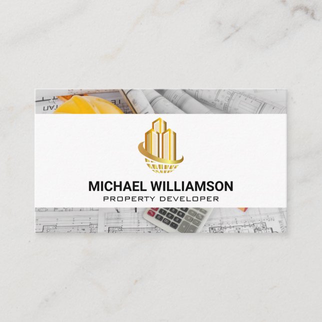 Guld Himmel Scraper Byggnad | Blåavtryck Visitkort (Framsida)