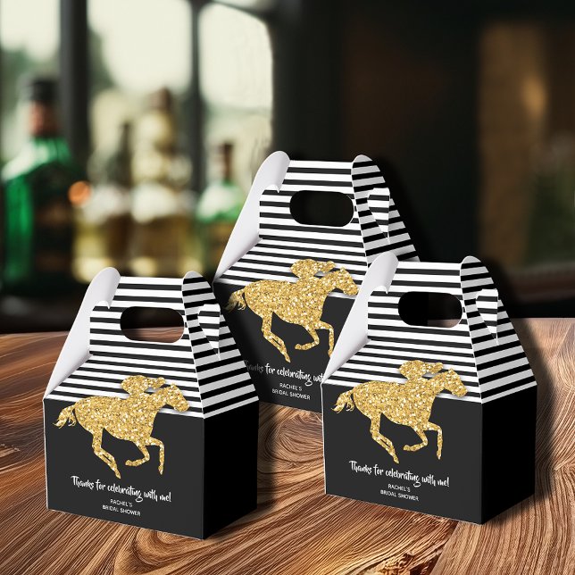 Guld Hingst Derby Bridal Shower Presentaskar (Gold racehorse on black and white Derby-theme bridal shower gable favor boxes)